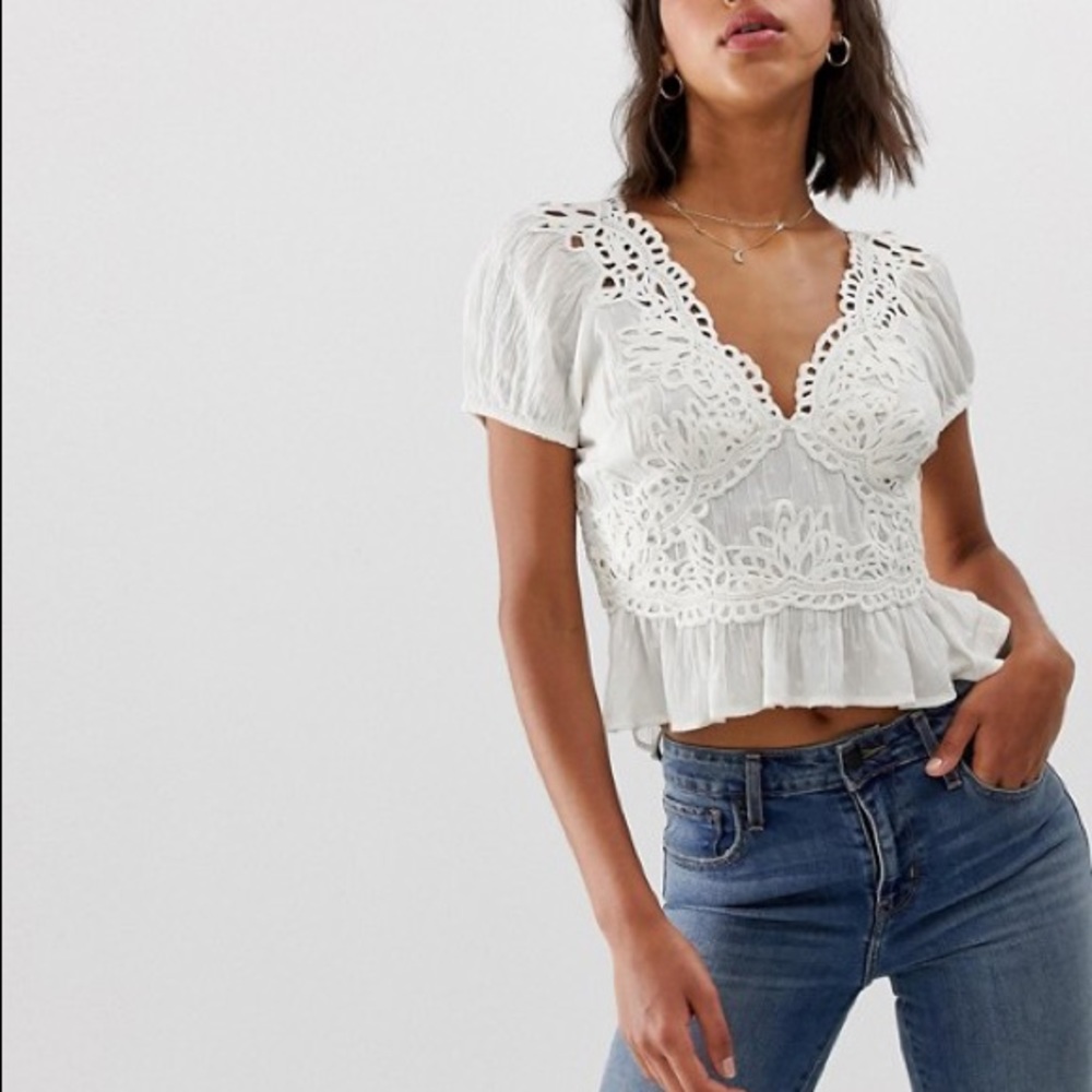 Free People White Embroidered V-Neck Peplum Blouse